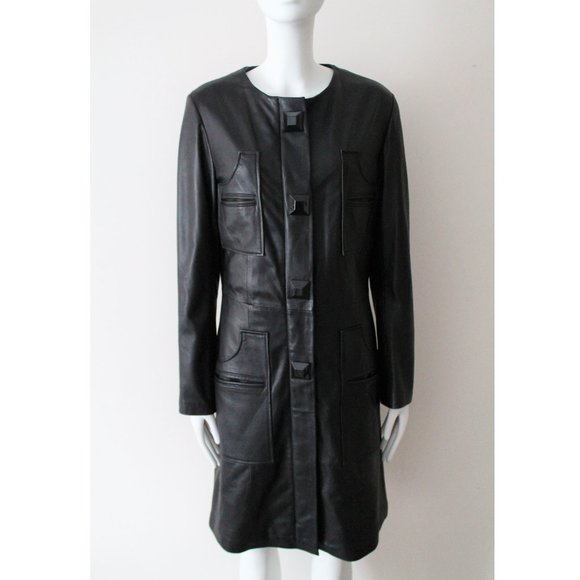 By Malene Birger Long Sheep Nappa Leather Coat / EU 40 Large Black Studs Jacket - Picture 1 of 14